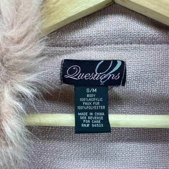 Questions Vest Women S/M Pink Knit Open Front Sleeveless Fur Trim Casual Solid - Picture 6 of 10